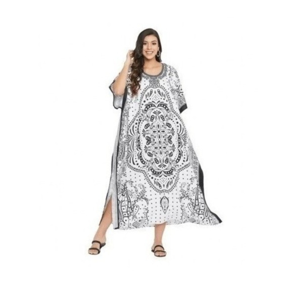 Gypsie Blu Kaftan Maxi Dress Black White Flowy Knit‎ Kimono Sleeves OS